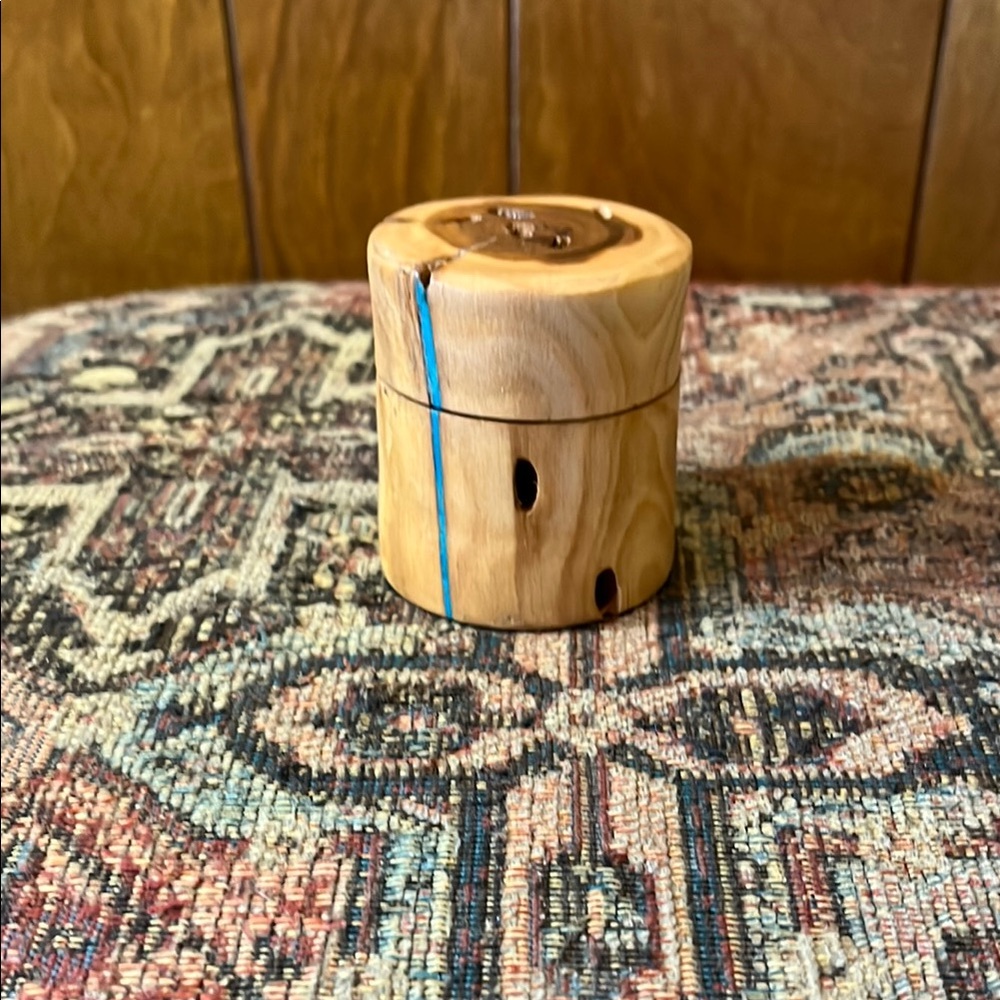 Handcrafted Wooden Accent Box with Blue Inlay